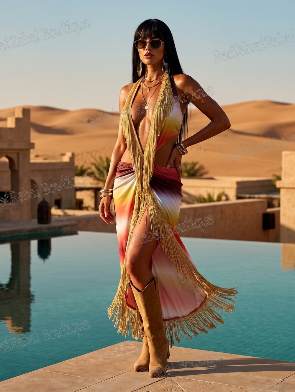 NWT Tequila Sunset Sexy Deep V Neck Gold Fringed Resort Festival Maxi Dress Sz M